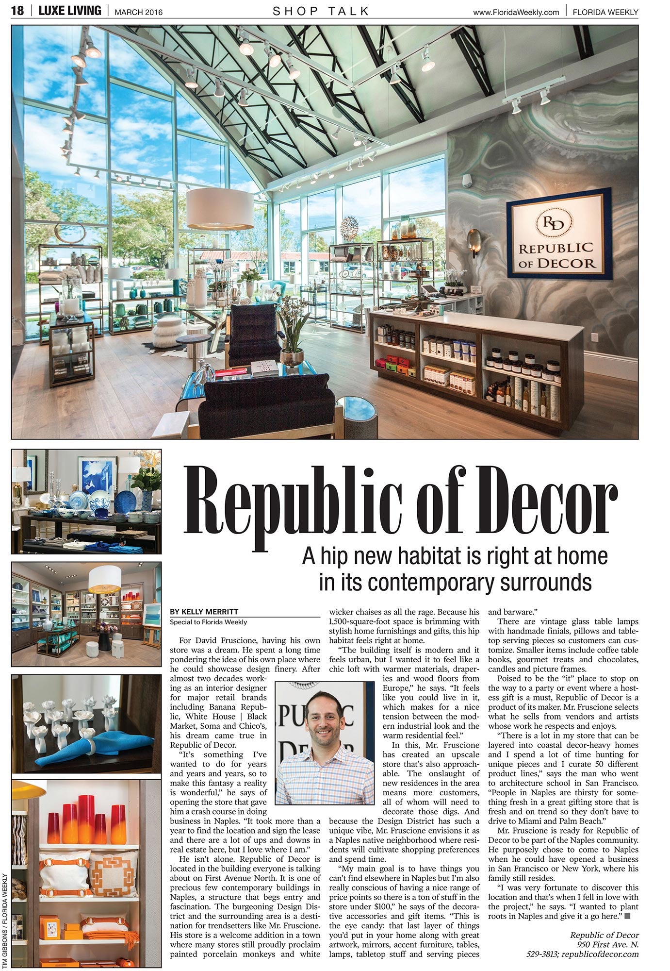 Republic of Decor, owned by David Fruscione (interior designer), is featured in Florida Weekly