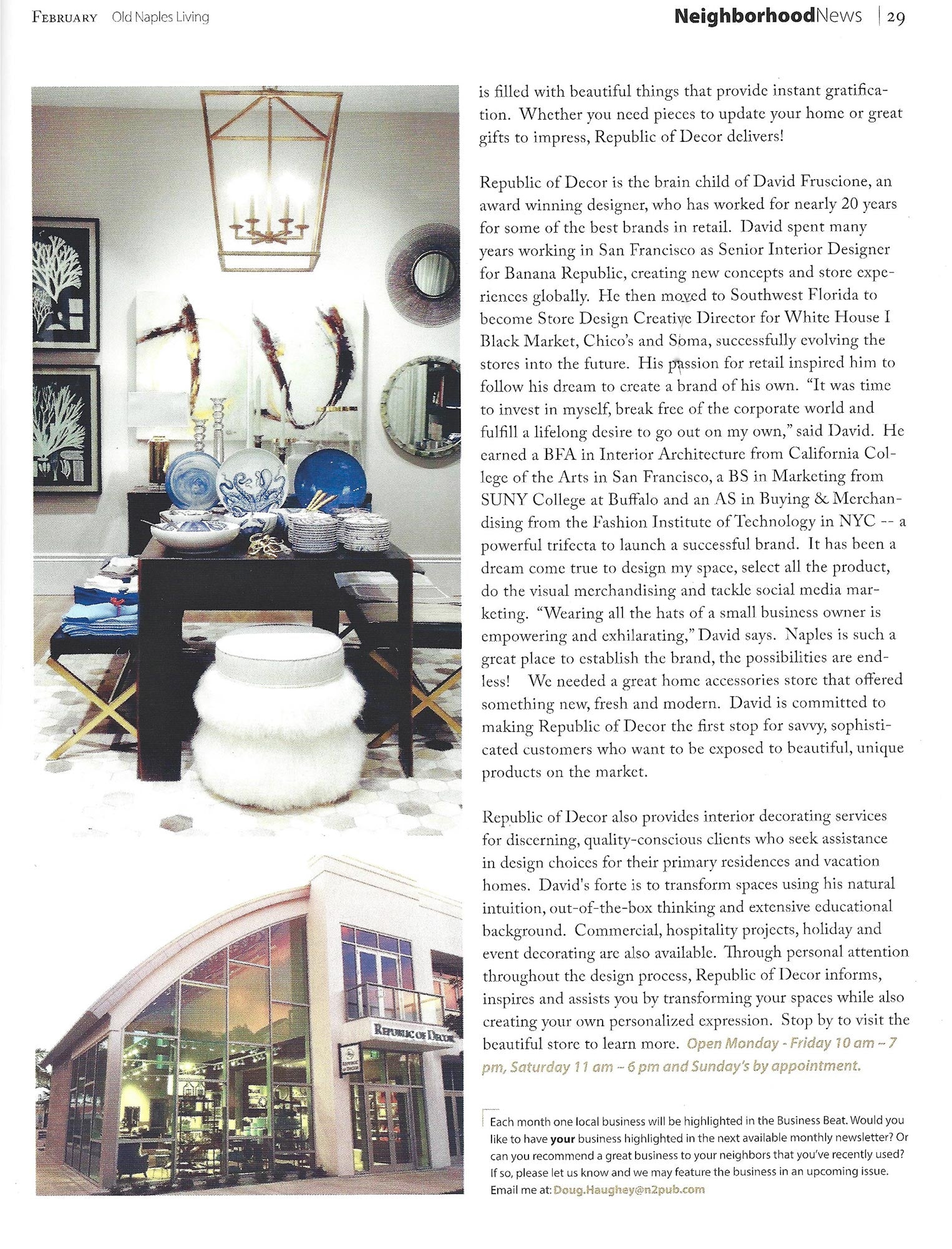 Republic of Decor in Naples, Florida, featured in Old Naples Living