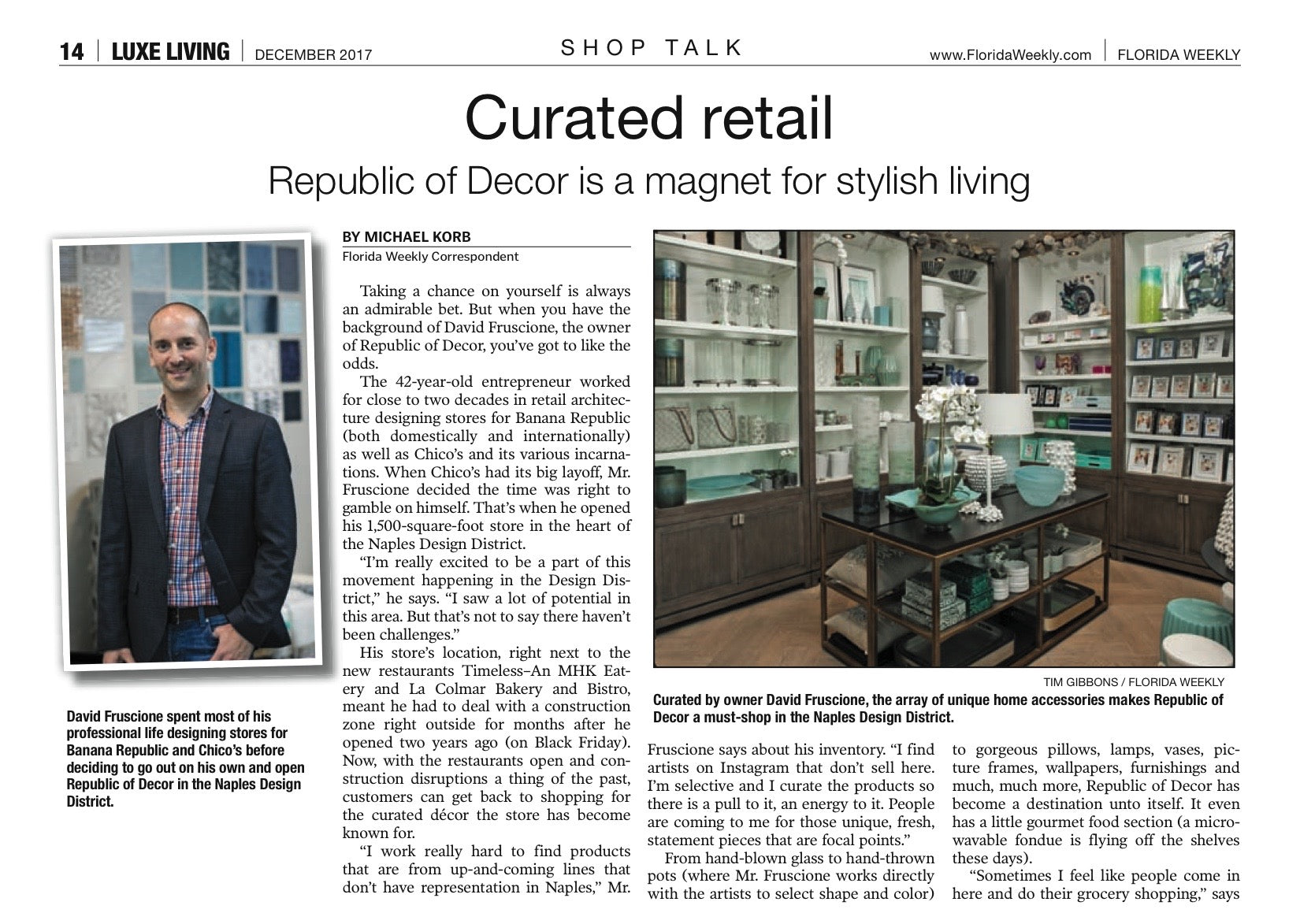 David Fruscione, owner of Republic of Decor and interior designer in Naples, Florida, is featured in Florida Weekly